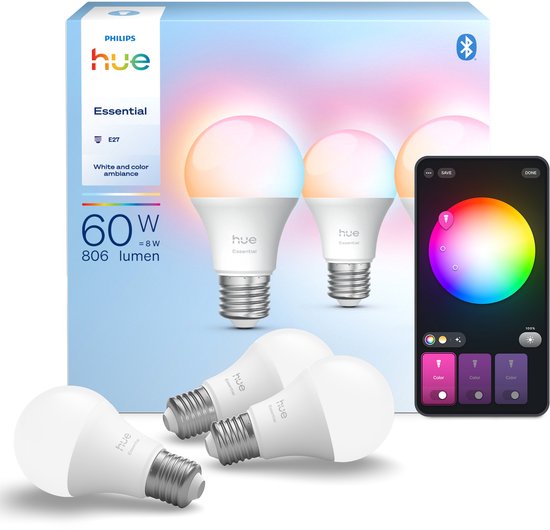 Philips Hue Essential LED lamp - E27 fitting - bevat 3 lampen - aanpasbaar wit en gekleurd licht - standaard lampvorm - slimme verlichting