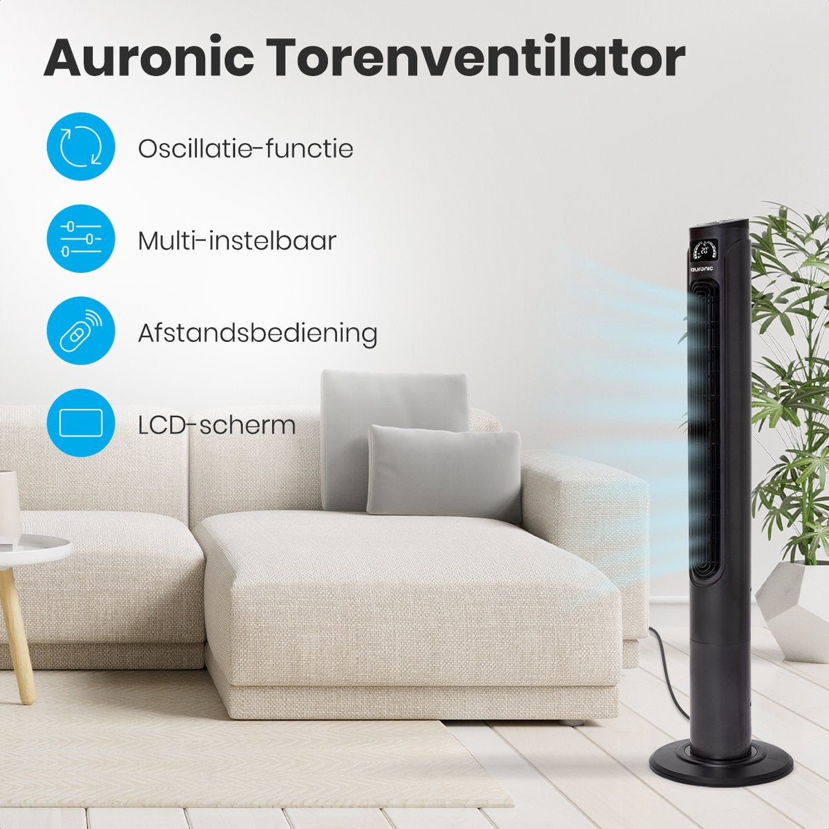Auronic Torenventilator - Staande Ventilator met Afstandbediening - Timer - 55W - 45dB - 118cm - Donkergrijs