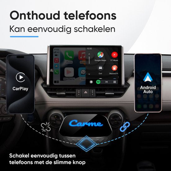 CarMe Premium 2-in-1 CarPlay Dongle - Draadloos CarPlay & Android Auto - USB-A & USB-C - Android Auto Dongle - Zwart