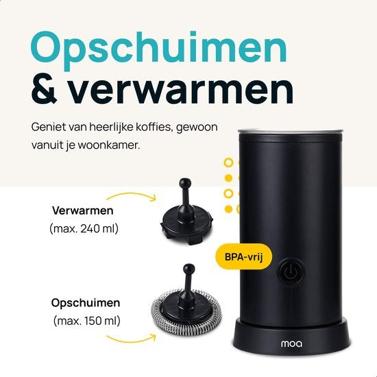 MOA Elektrische Melkopschuimer –  Verwarmen – 550W – 10,5 x 10,5 x 19,5 cm – Zwart