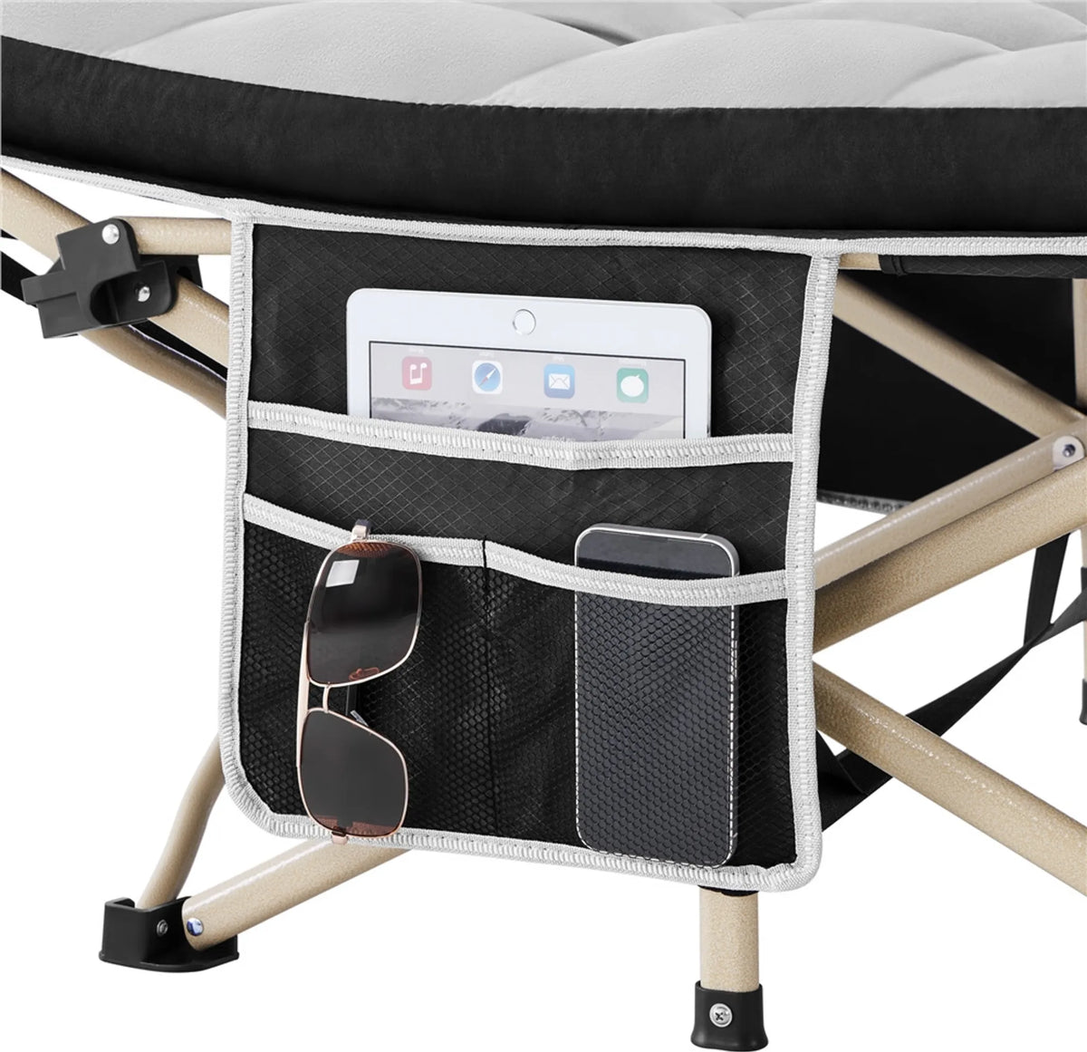 Yaheetech Campingbed Opvouwbaar – Voorzien Van Comfortabel Matras En Handige Draagtas En Zijvakken – Voor Kamperen En Logeerkamer – Zwart Metaal En 600D Oxford-Stof – 191 x 67 x 56 cm