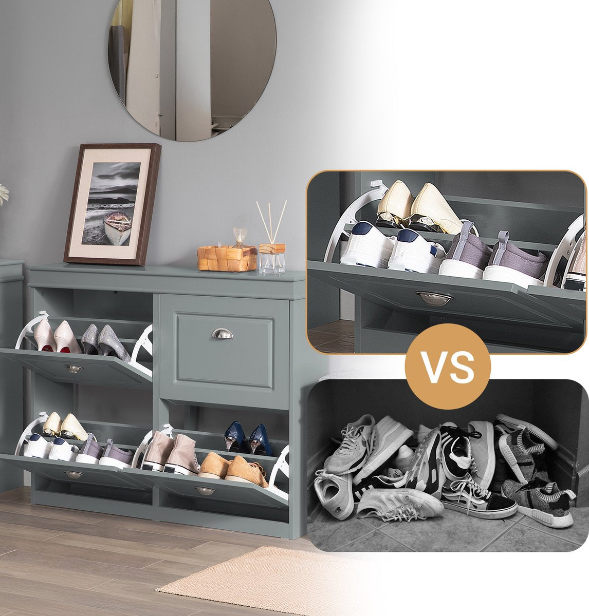 SoBuy FSR79-HG Schoenenkast met 4 Kleppen – Schoenenmeubel met 8 Planken – Ruimtebesparend Schoenenrek voor Hal – Grijs MDF – 105x83x24cm