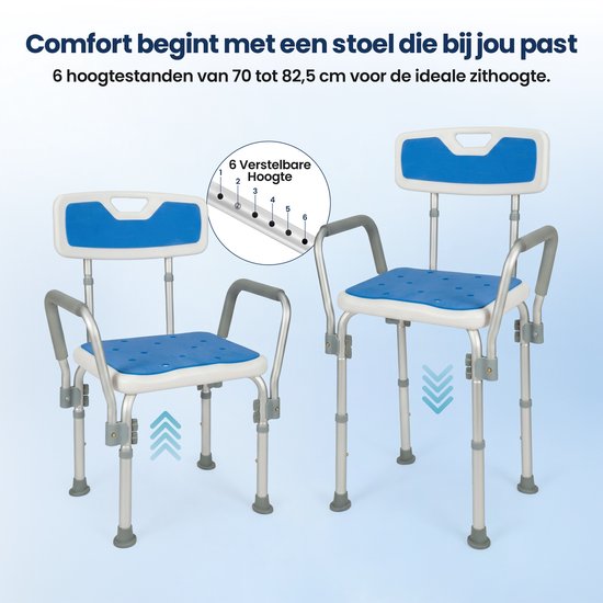 Truesafe Douchestoel met afneembare rug- en armleuning - Douchekruk - Badkamer Stoel - Antislip - Verstelbare Hoogte - Max 130 Kg + Douchezak