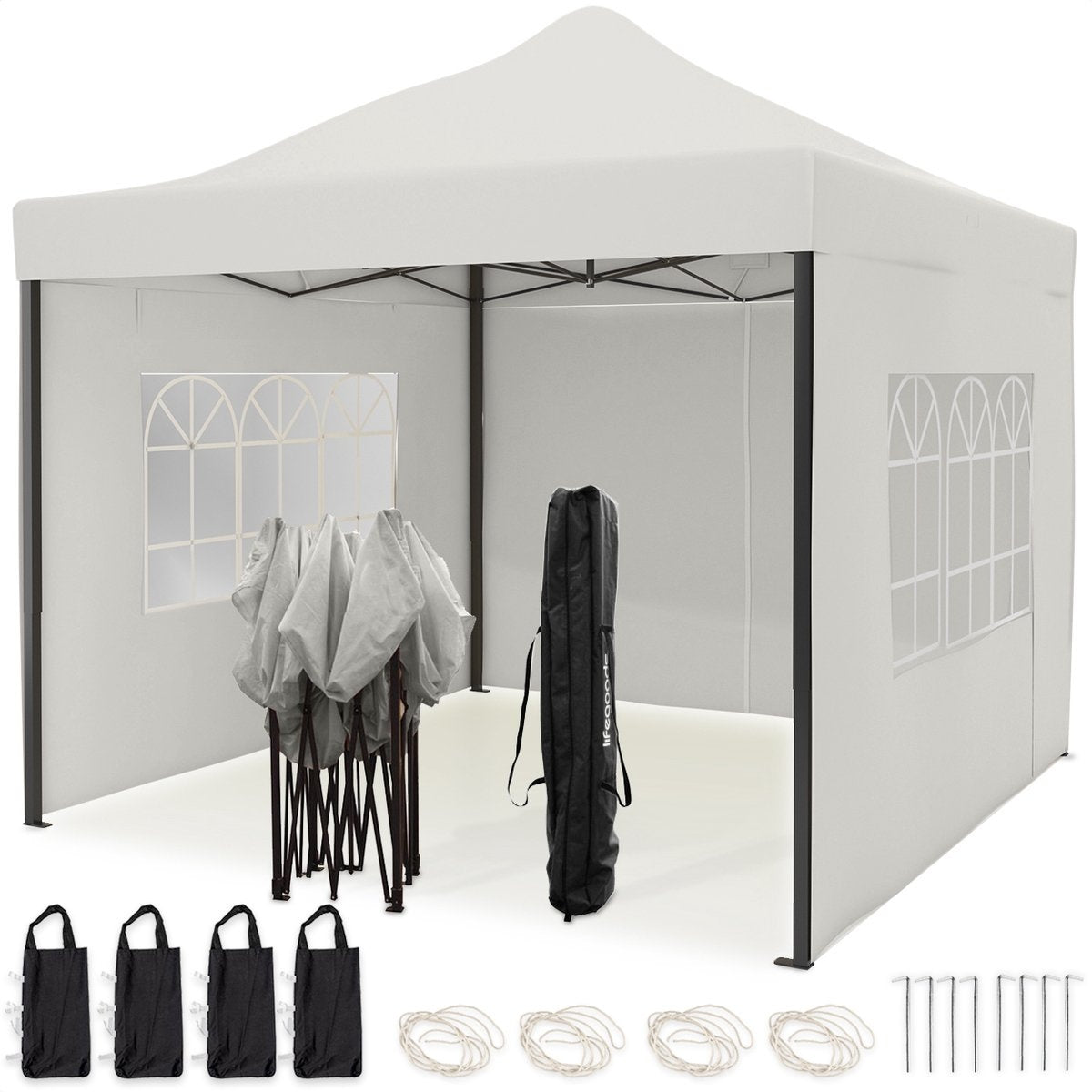 LifeGoods Partytent - Paviljoen - EasyUp - Opvouwbaar - 4 Zijwanden - Waterdicht - Met Draagtas met wieltjes - 292 x 292 cm - Wit