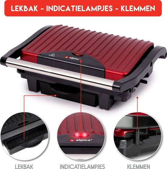 alpina Contact Grill - Tosti IJzer - Anti-aanbaklaag - 1000W - Zwart/Rood