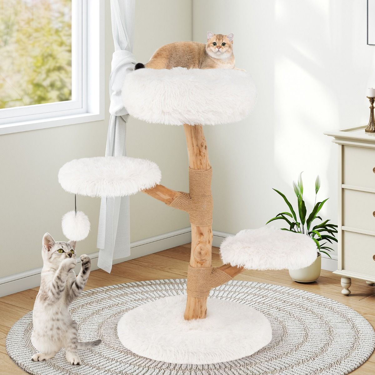 Coast Krabpaal Massief Perenhout 90 cm - Kattentoren met Zitstok - Wit