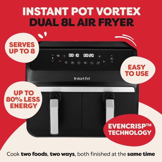 Instant Pot Vortex Dual Drawer 8L Airfryer – Dubbele Airfryer met 2x 4L Laden – SyncCook™ & SyncFinish™ – ClearCook – 8-in-1 – Tot 205°C – Vaatwasserbestendig