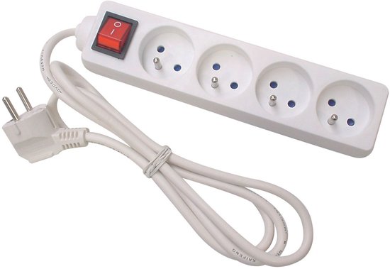 Perel Stekkerdoos met schakelaar, 4 stopcontacten met penaarde (type E), kabel 3 m, 3G1.5, gebruik binnenshuis, wit