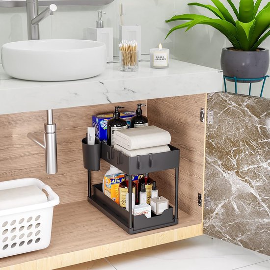Nexxt Keukenkast Organizer - 2 Lagen – Rek met Uitschuifbare Lade - Inclusief Haakjes en Bakjes – Gootsteen Organizer - Zwart