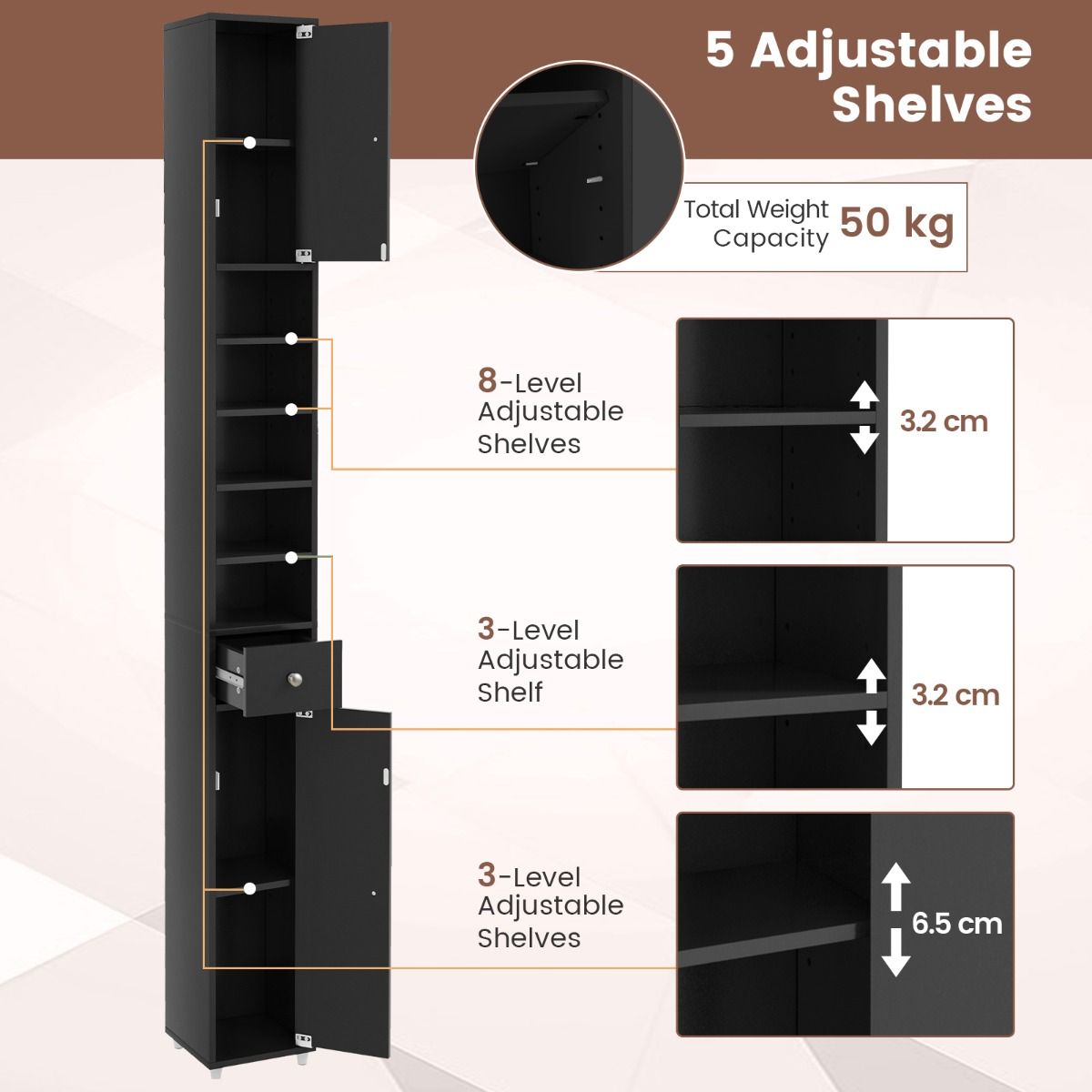 Coast Hoge Badkamerkast - 5 Verstelbare Planken - MDF - 20 x 20 x 180 cm - Zwart