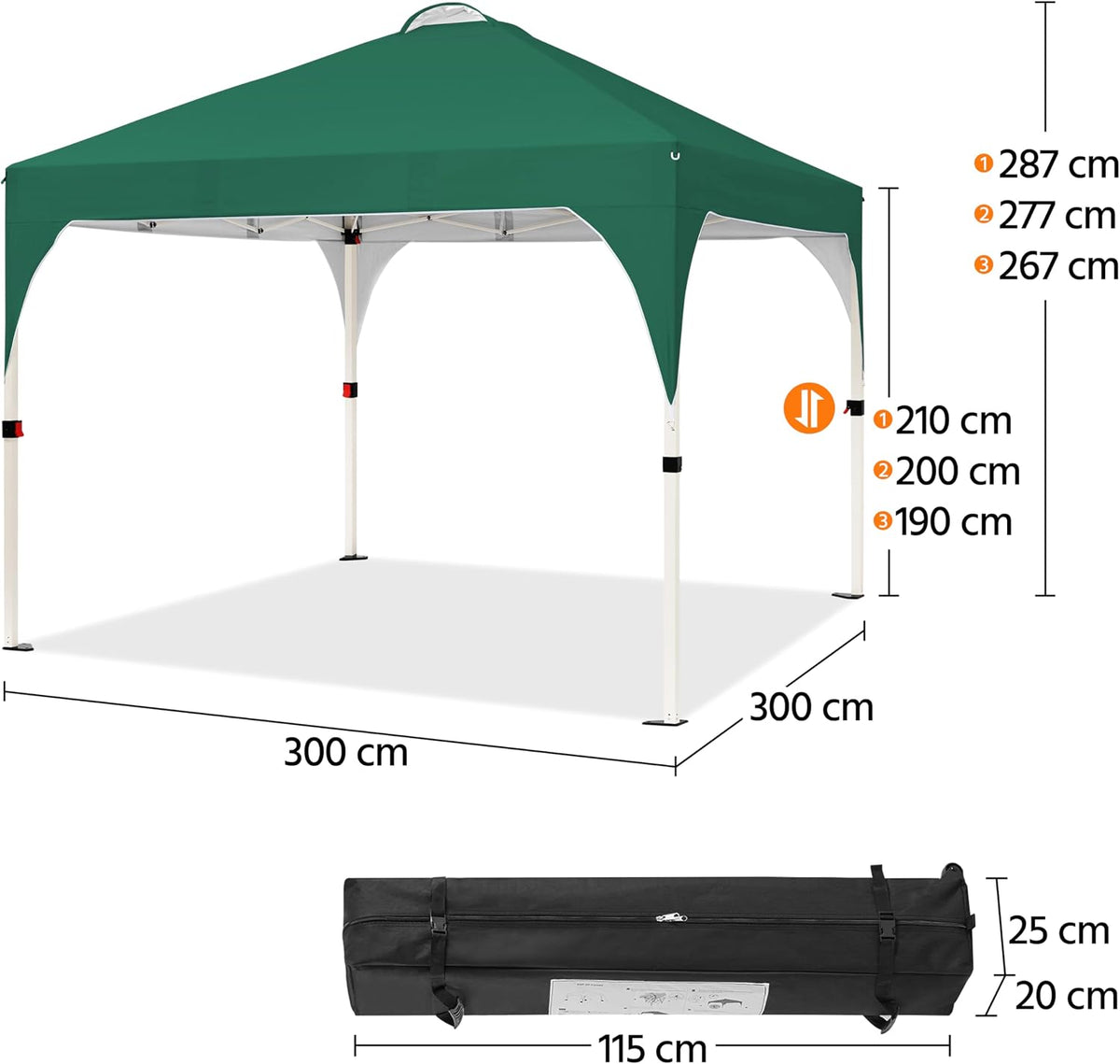 Vouwpaviljoen 3 × 3 m Pop-up Tuinpaviljoen In Hoogte Verstelbaar met Ventilatie en Draagtas Donkergroen