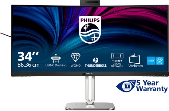 Philips 6000 serie 34B2U6603CH - Gebogen Ultrawide Monitor - Webcam - Thunderbolt 4 - USB-C 100w - Smart KVM - 34 inch