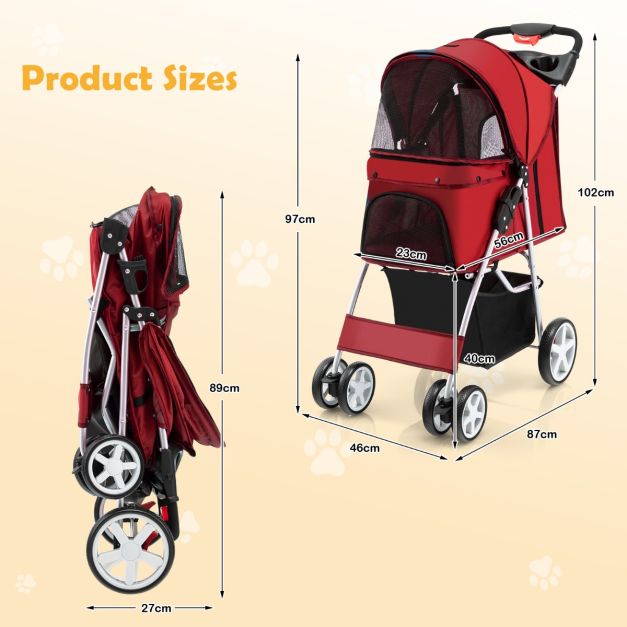 COAST 4-Wiel Opvouwbare Honden- en Kattenwagen Hondenwagen Huisdierbuggy tot 15 kg met Netvensters/Bekerhouders/Aanhangers Rood