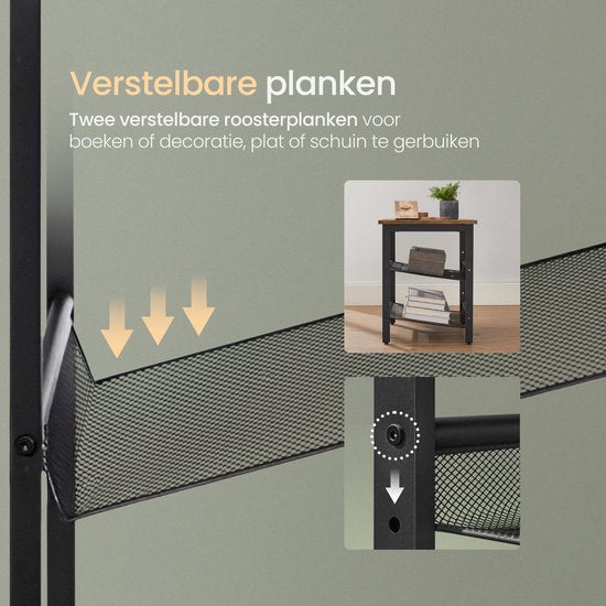 O'DADDY® Bijzettafel Vierkant - Bijzettafels - Nachtkastje - Bijzet tafel - Bijzettafeltje - Kleine Banktafel - Salontafels - Laptoptafel - Koffietafel Industrieel - Tafeltje - Verstelbare Roosterplanken - 40x40x55 cm - Vintage Bruin/Zwart