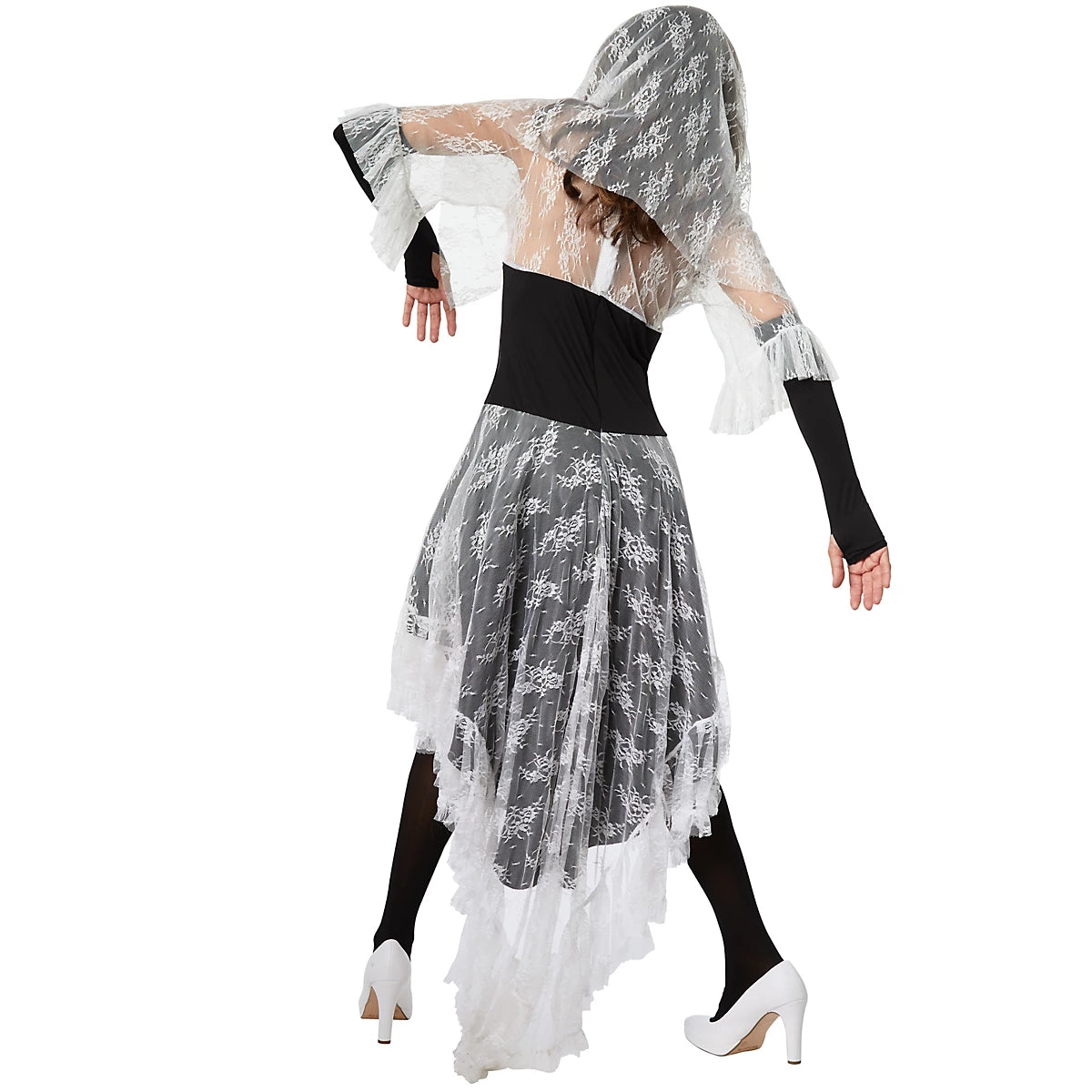 DressForFun Enge Skelet Bruid Kostuum Dames – Voorzien Van Kanten Opstaande Kraag En Gevoerde Cups En Sluiersluier – Voor Halloween En Carnaval – Zwart En Wit Polyester – Maat S