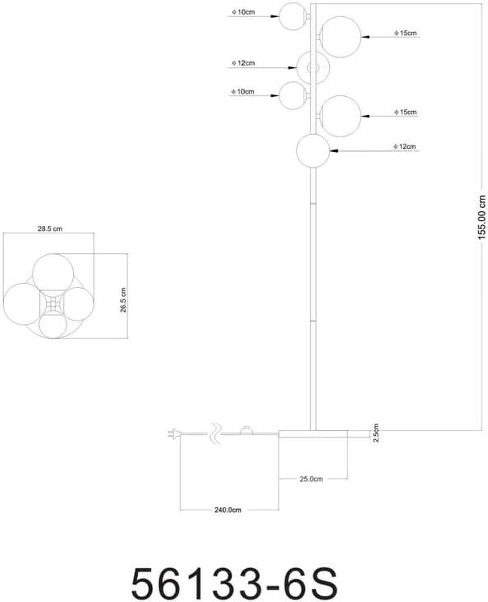 Globo Riha Vloerlamp - Zwart Metaal met Rookglas - 155 cm - 6xG9 LED