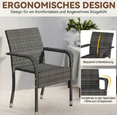 Yaheetech Rotan Tuinstoelen Set van 2 - Grijs - 58 x 58 x 84 cm - Stapelbaar, met Armleuning