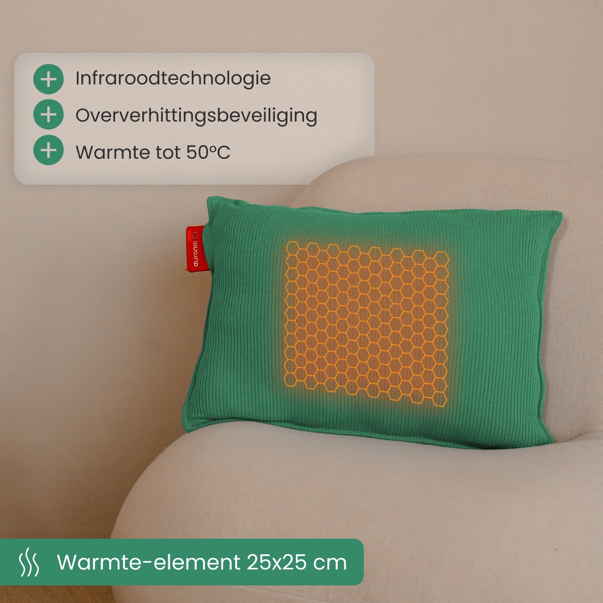 Auronic Warmtekussen - Knitted - 45x60 - Draadloos - Oplaadbaar - Elektrisch - Infrarood - Pastelgroen
