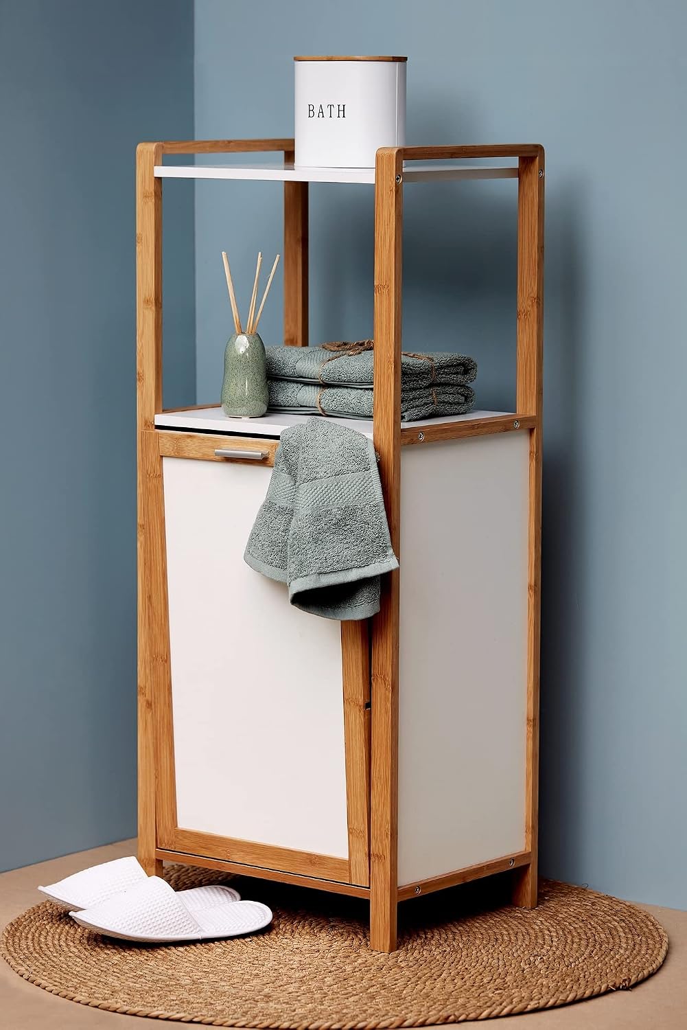 Wenko Finja Wasmand met Rek – Bamboe/Wit – 40 x 95 x 30 cm