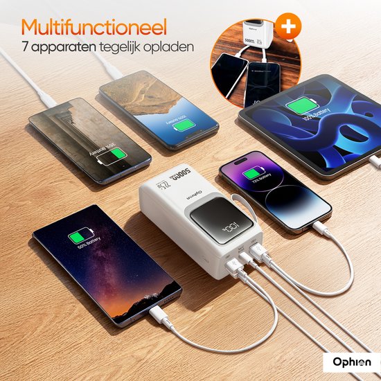 Ophion® Powerbank PRO 50.000 mAh – 7 Oplaadpoorten – Quick charge - Snellader 22.5 W voor USB-C, USB-A, Micro-USB - Inclusief Kabel – Noodpakket - Wit