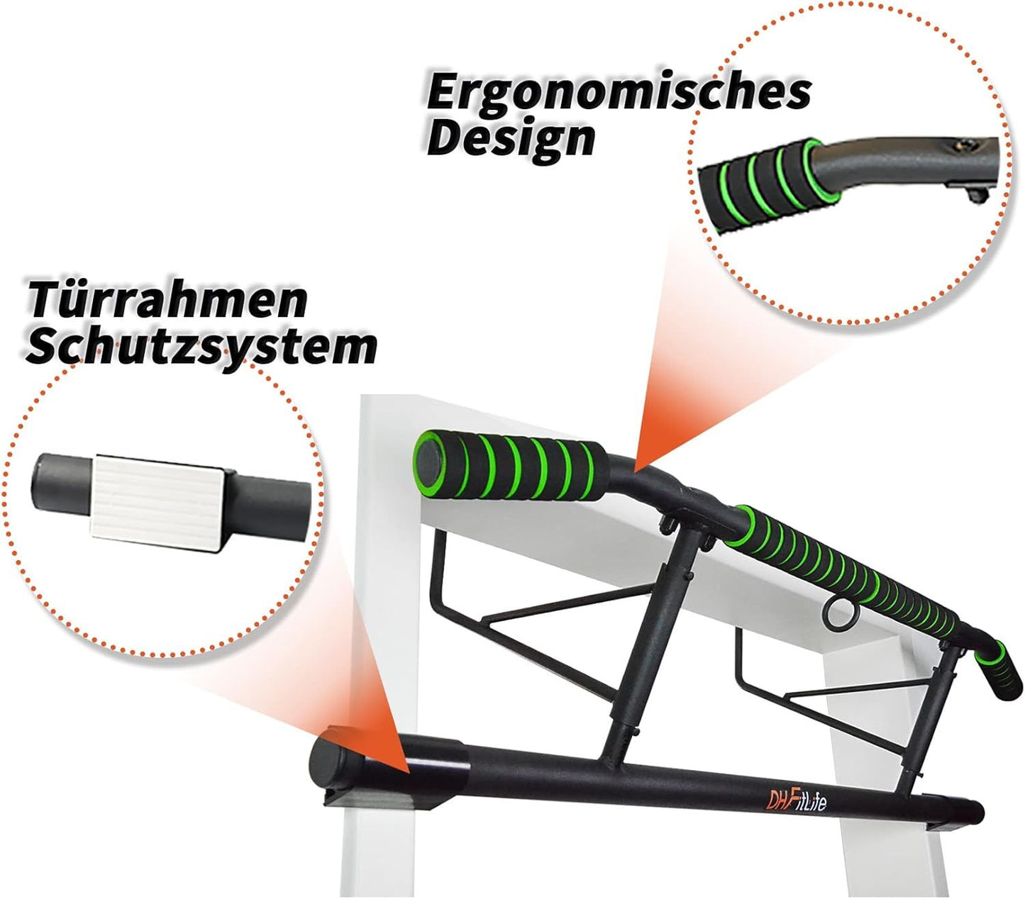 DH FitLife Optrekstang voor Deur - Schroefloze Pull-Up Bar met Slingtrainer - Zwart/Groen - 70-92 cm