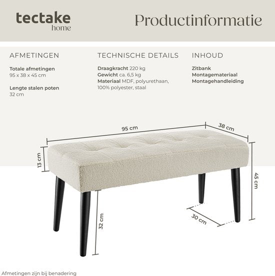 tectake® Gestoffeerd Bankje - 95 x 38 x 45 cm - Stikpatroon - Draagkracht 220 kg - Zitbank - Halbank - Bank voor Woonkamer, Slaapkamer, Bedeinde - Bouclé Crème