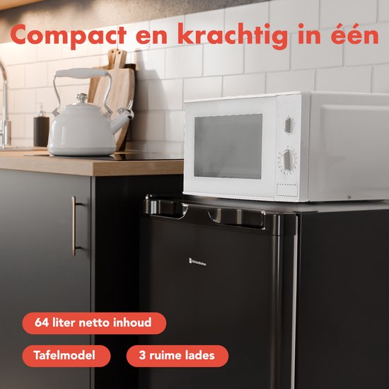 KitchenBrothers Vriezer - 64L - Compact Tafelmodel - 3 Vrieslades - Diepvrieskast - Vrijstaand - Zwart