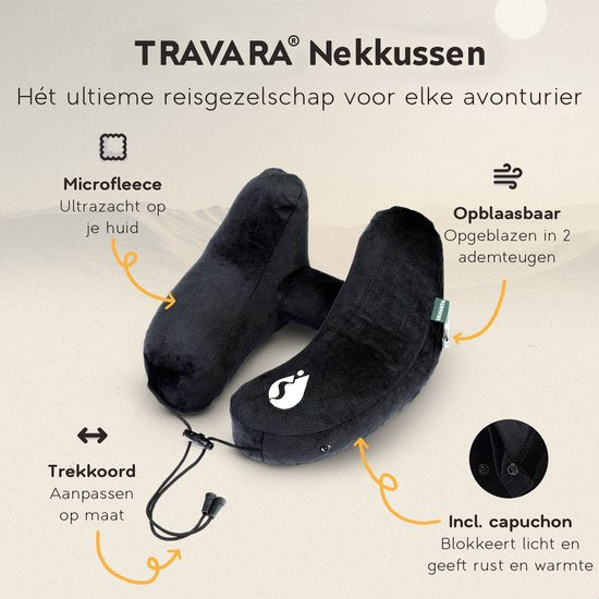 TRAVARA Opblaasbaar Nekkussen - The Airsnoozer - Reiskussen - Voor Vliegtuig en Auto - Met Oordoppen - Nek Kussen - Zwart