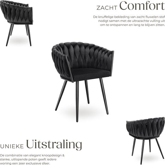 tectake® - Set van 2 Fluwelen eetkamerstoelen - Kuipstoel met armleuning in knooplook - Eetkamerstoel - Moderne eetkamerstoel voor woonkamer en eetkamer - Keukenstoel - Kaptafelstoel - Slaapkamerstoel - Diverse kleuren - Zwart