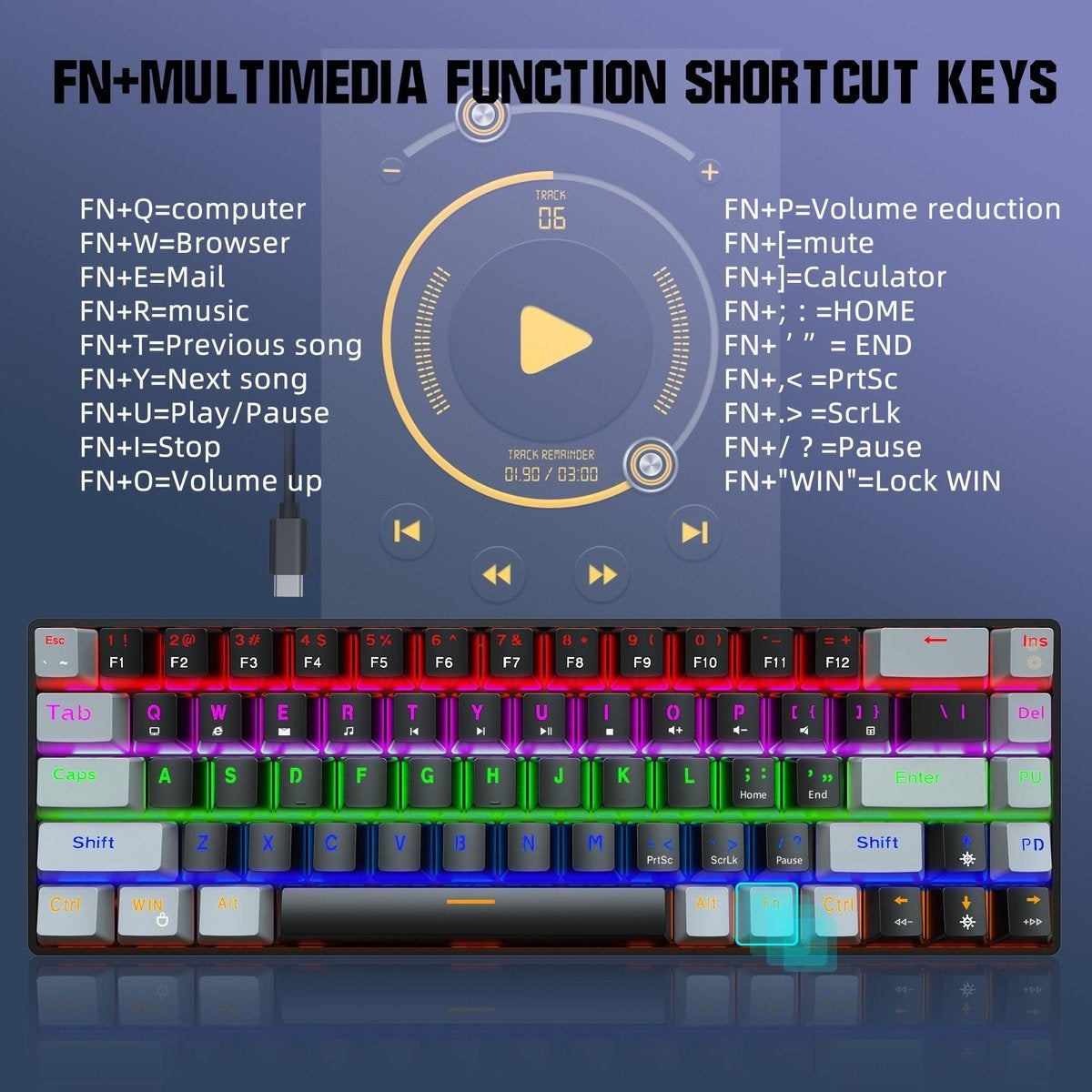 HXSJ V800 RGB Mechanisch gaming toetsenbord - QWERTY - 68 Keys - Blue Switch - Zwart grijs