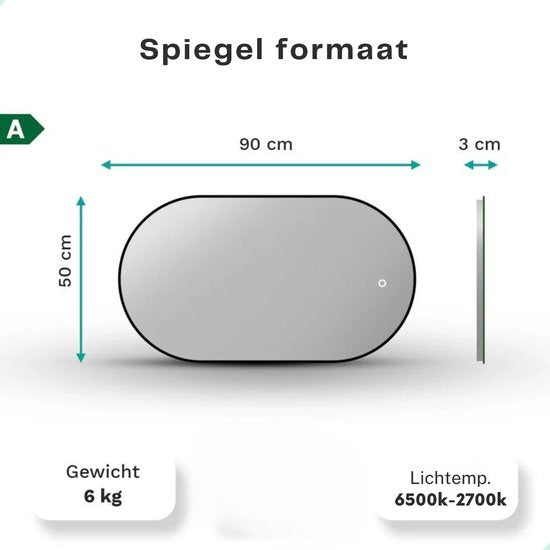 Mirlux Badkamerspiegel met LED Verlichting & Verwarming – Wandspiegel Ovaal – Anti Condens Douchespiegel - Zwart - 90x50CM