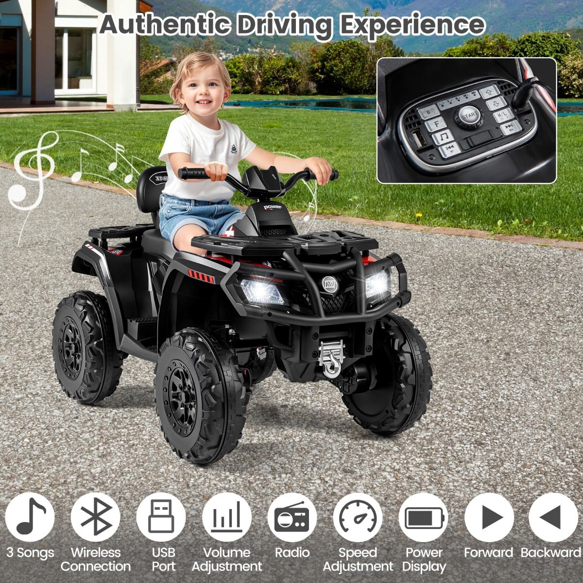 Coast elektrische kinderquad - 2 zitplaatsen - 4 motoren - zwart