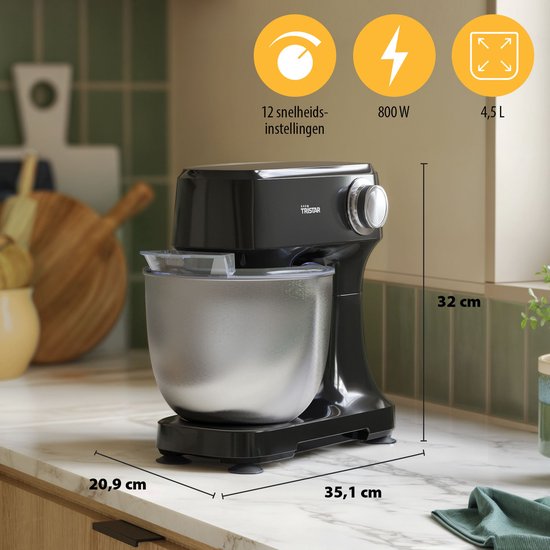 Tristar Keukenmachine 800W - Keukenrobot 4,5L - RVS mengkom - 12 programma's - Zwart