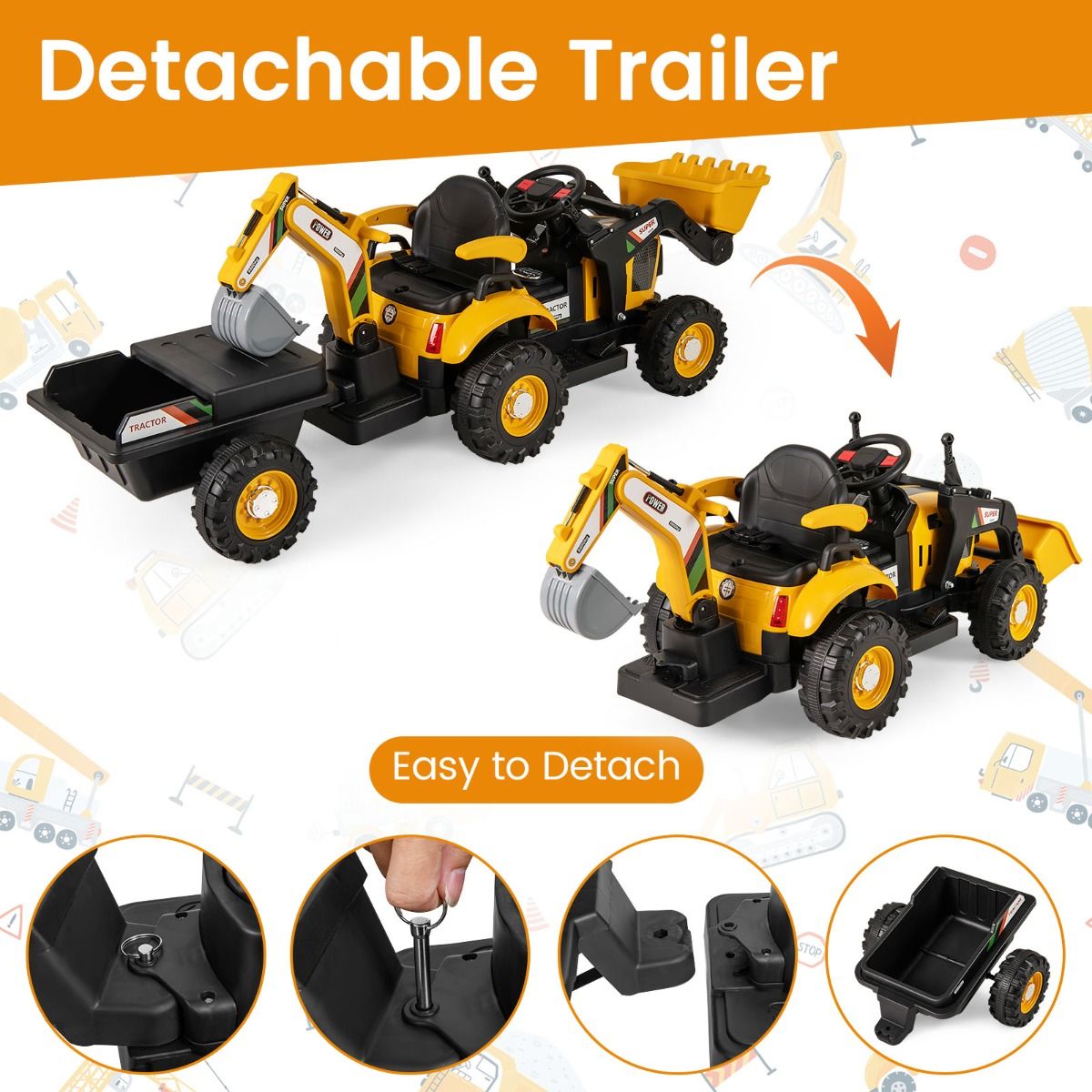 Coast Elektrische Kindertrekker met Aanhanger - Graafmachine en Schep - Afstandsbediening - Geel