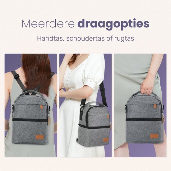 Qwali Koeltas Moedermelk - Incl 2 koelelementen - Schouder & Rugtas - Bewaarflesjes - Borstvoeding - Baby - Koelrugzak - Kolftas - Borstkolf - Grijs
