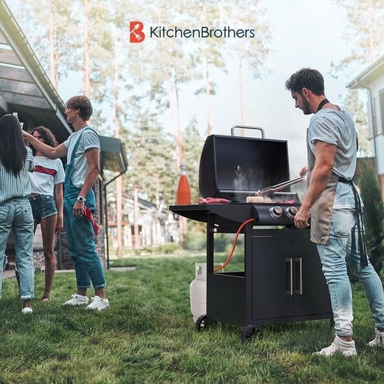 KitchenBrothers Gasbarbecue Incl.  Zijbrander - 5 Branders - Met Gasaansluiting - 42x57cm Grilloppervlak - Zwart