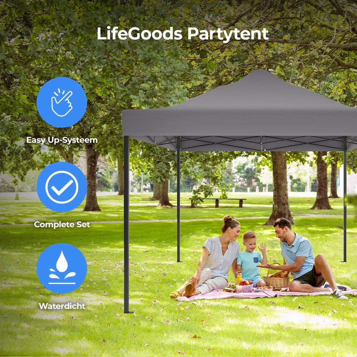 LifeGoods Partytent - Paviljoen - EasyUp - Opvouwbaar - Waterdicht - Met Draagtas met wieltjes - 440 x 297 cm - Donkergrijs
