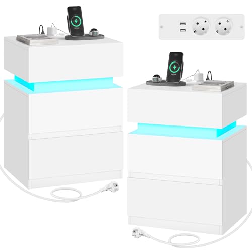 Woltu Nachtkastje met Stopcontact en LED-verlichting - Wit - 40 x 35 x 55 cm - 2 Lades en 1 Opbergvak - Modern en Multifunctioneel