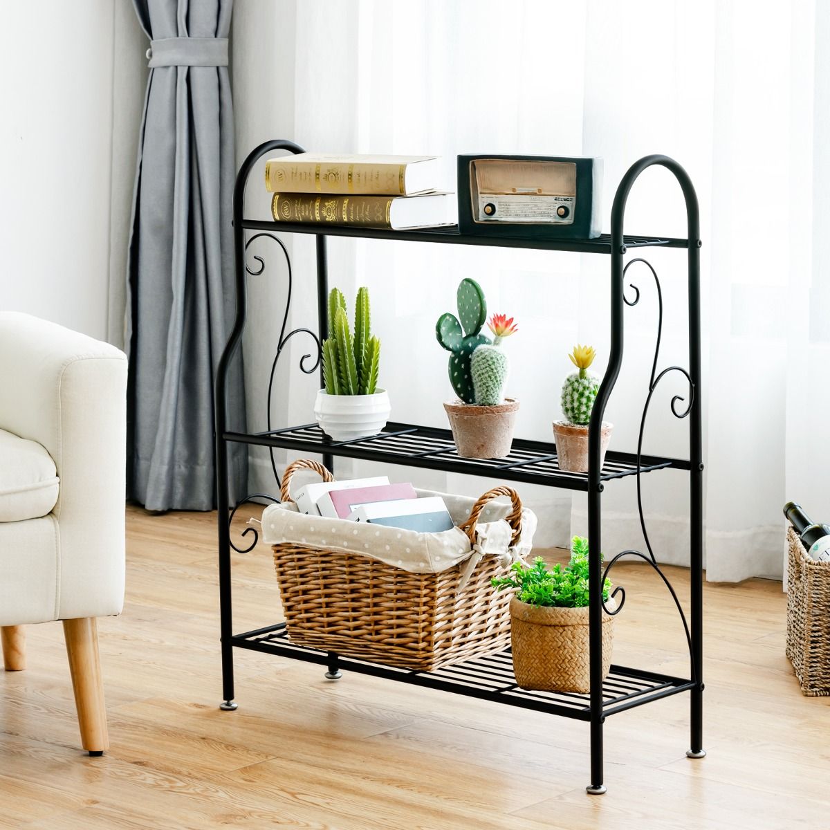 Coast Metalen Plantenstandaard - 3 niveaus - Multifunctionele opbergplank - Zwart 72 x 25 x 85 cm