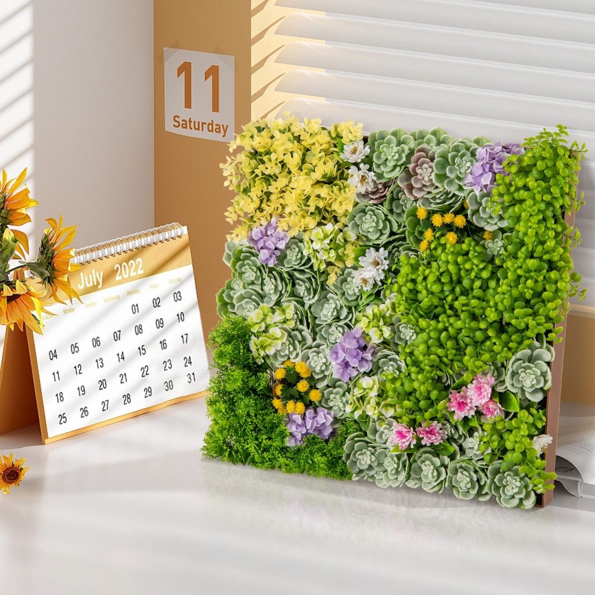 Coast Kunstplanten Wandpanelen - set van 2 - 3D kunsthaag - 10 soorten gemengde planten - 50 x 50 cm - groen en bruin