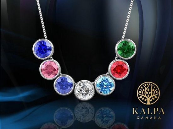 Yolora Dames Ketting met Hanger - 7 Gekleurde Kalpa Camaka Kristallen - Set van 7 - Zilverkleurig - 18K Witgoud Verguld - Mooie Cadeauverpakking - Moederdag Cadeautje