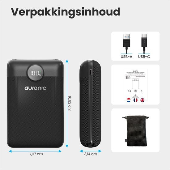 Auronic Powerbank - Geschikt voor iPhone 12/13/14/15 en Samsung S21/S22/S23 - 20.000 mAh - 22.5W - 3 Oplaadpoorten - Snelladen via USB-A en USB-C - Zwart