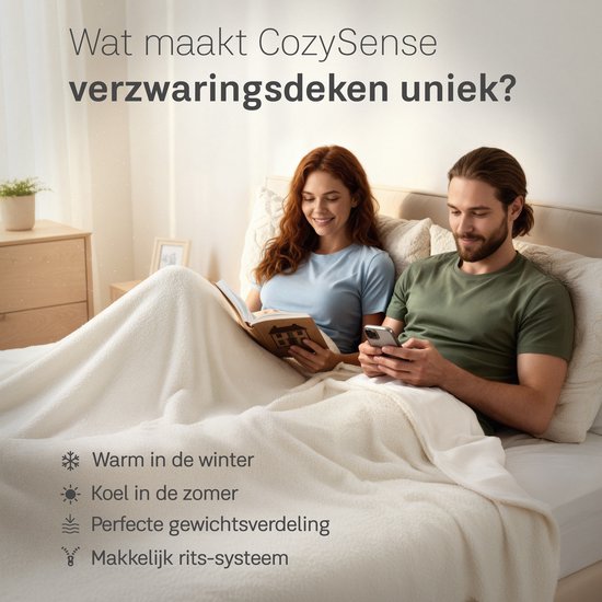 CozySense® Verzwaringsdeken 13kg - 200x200cm - Zwaartedeken met Wasbare Hoes - Weighted Blanket met GLASS-Flow® Drukverdeling - Wit