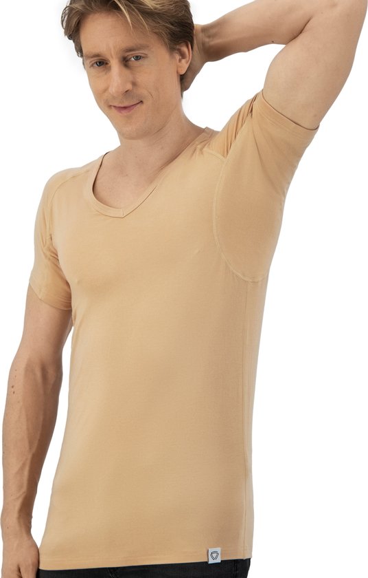 Anti Zweet Shirt - Fibershirts® - Ingenaaide Okselpads- Ondershirt - beige - V-hals - Heren - Maat M