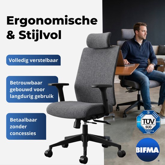 Backerz Ergonomische Bureaustoel - Bureaustoelen voor Volwassenen tot 160kg - Fabric Office Chair - NEN-EN1335