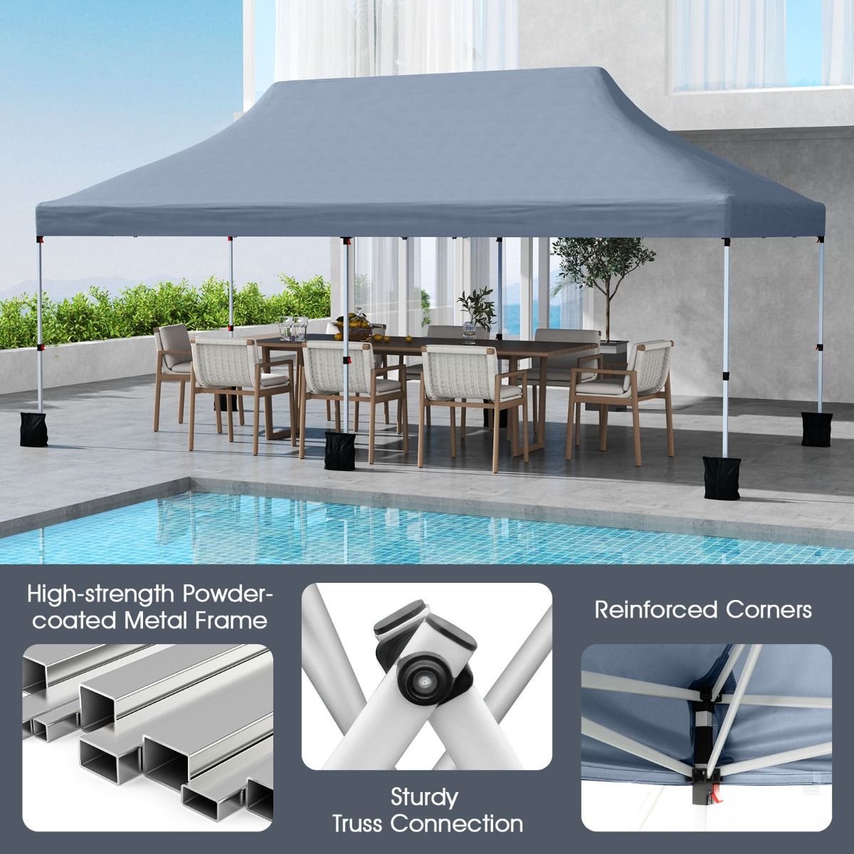 Coast Partytent opvouwbaar - uitschuifbaar - waterdicht - grijs 300 x 600 cm