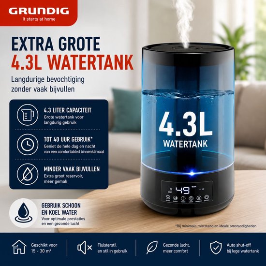 Grundig Luchtbevochtiger HD-1903A - Ultrasone Lucht Bevochtiger 4,3L - met Timer en Nachtlamp - Incl. Afstandsbediening - Zwart