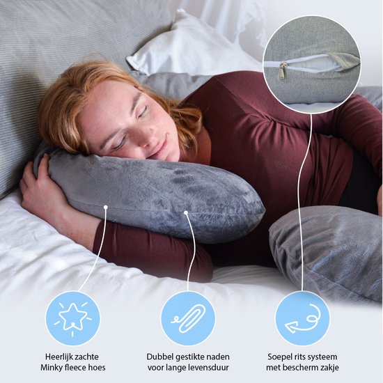 El-Life Zwangerschapskussen XXL – C-Vorm – Zijslaapkussen – Lichaamskussen – Voedingskussen – Body Pillow – 150x70cm – Afneembare Minky Fleece Hoes – Grijs
