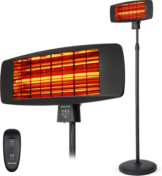 Auronic Terrasverwarmer - Infrarood - Elektrisch - 2000W - Heater - Hangend en Staand - met Afstandbediening - 3 Standen - Zwart
