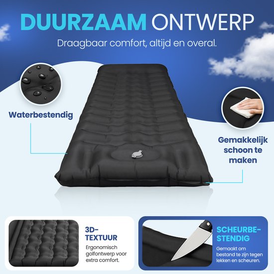 FLOAT Nomadic - 1 Persoons slaapmatje met voetpomp en kliksysteem - Stevig en licht Luchtbed voor de camping - 195x66x12 cm luchtmatras - Zelfopblazende slaapmat - Zwart